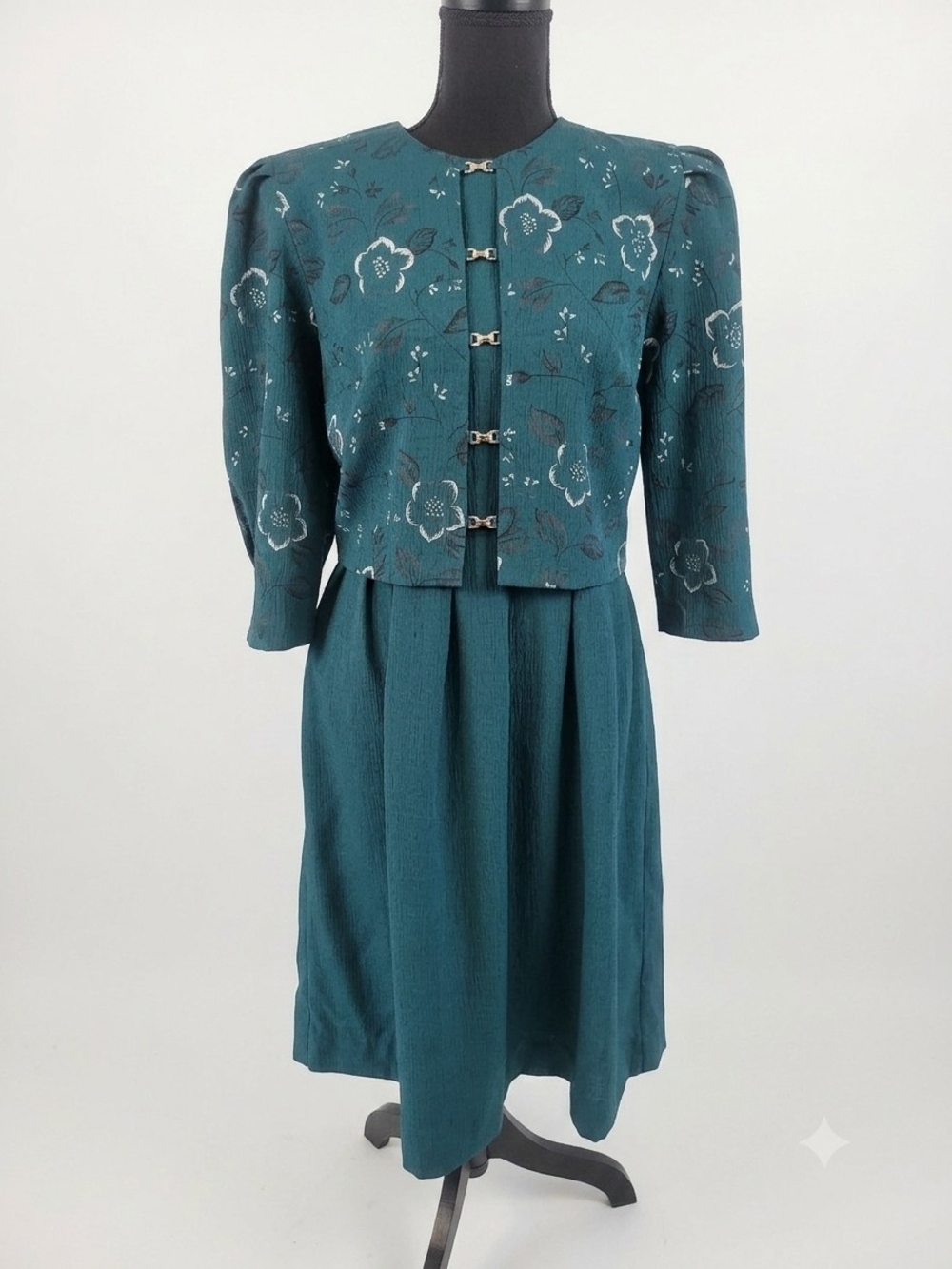 Vintage Teal Floral Midi Dress with Cropped Jacket attached